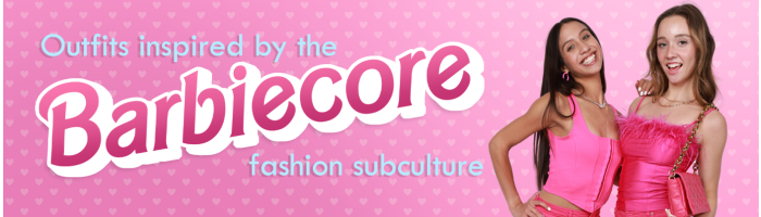 Title Banner: Outfits Inspired by the Barbiecore Fashion Subculture two models on heart pattern background dressed in monochromatic pink outfits