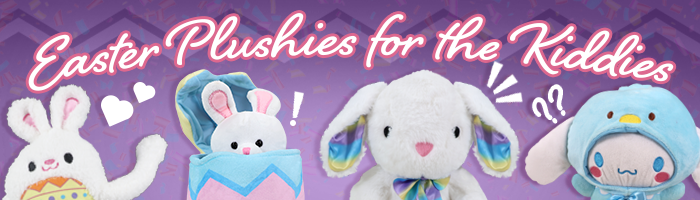 Title reads Easter Plushies for the kiddies and feathures various bunny plushies
