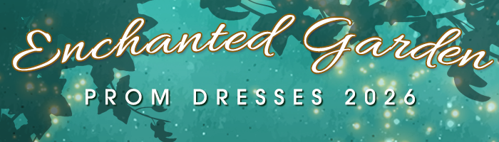 Title reads "Enchanted Garden Prom Dresses 2026" with green background