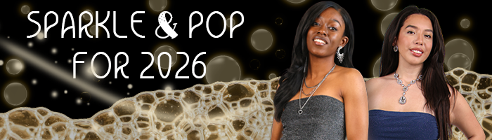 Sparkle & Pop Two models posing in front of bubbly background