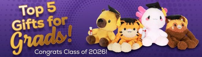 Top 5 Gifts for Grads banner featuring a row of four plushies wearing mortarboards