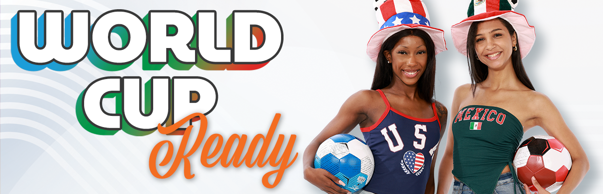 Two young women wearing a USA tank top and a Mexico tube top holding soccer balls with text that says 