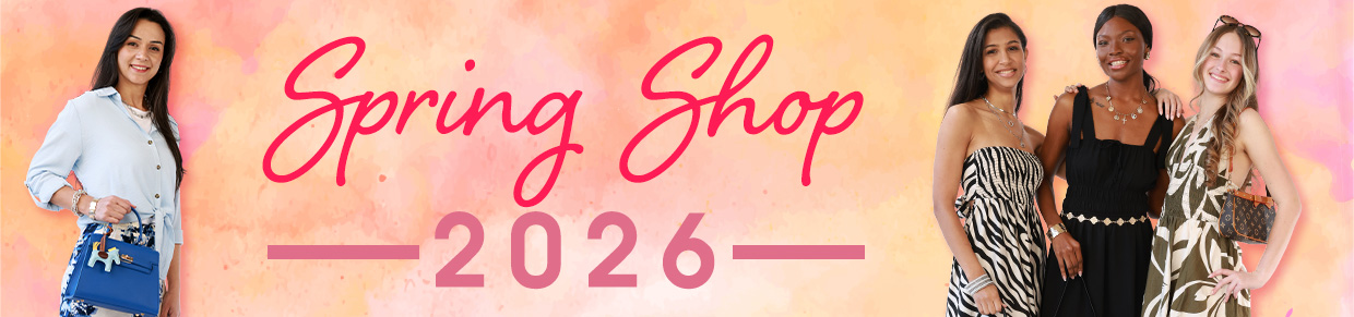 Spring Shop 2026 banner featuring a woman in a blue button up blouse and a group of three young women in printed dresses