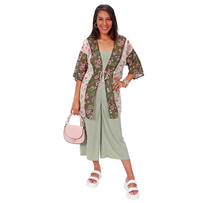 “Global Gold” Dual Floral Pattern ¾ Sleeve Kimono