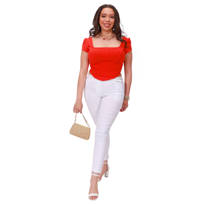 "Chocolate" Short Puff Sleeve Bright Scuba Crepe Square Neck Top