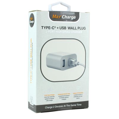 Max Charge Type C + USB 2 Port High Speed Wall Charger