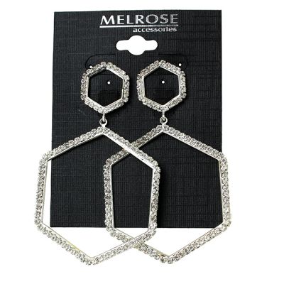 “Alina” Double Hexagon Silver Tone Rhinestone Earrings