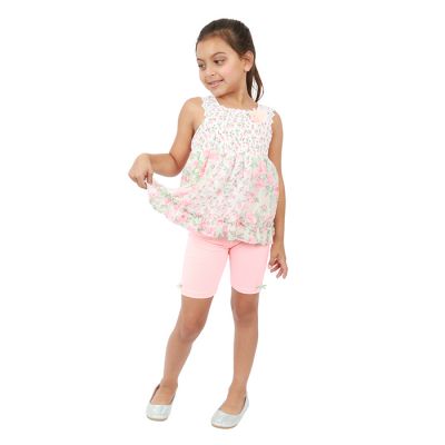 Girl’s Two Piece Floral Top and solid pink short with bow embellishment set