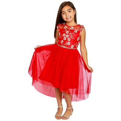 "Rare Too" Short Sleeve Hi-Lo Flower Embroidered Dress