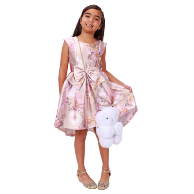 "Gerson" Short Sleeve Front Bow Taupe Floral Dress