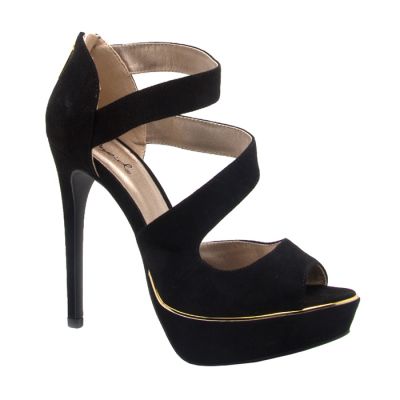 Ladies 5" Black Suede Cut Out Heels with Gold Trim