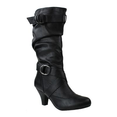 Women’s “Forever” Criss Cross Buckle Faux Leather Calf Boots with 3” Heel