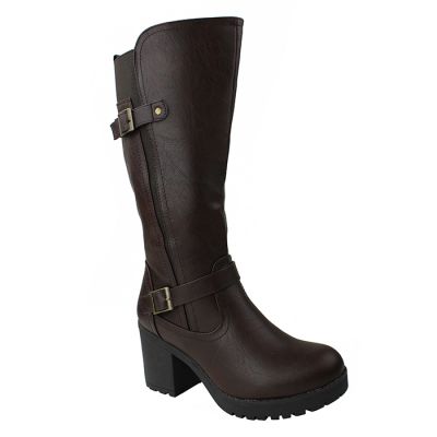 “Forever” 3” Heel Faux Leather Lug Sole Buckle Biker Calf Boot