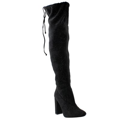 “Forever” Rhinestone Lace Back 4” Heel Over-the-Knee Boots