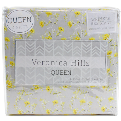 "CHD" 4-Piece Queen Size Grey Floral Sheet Set