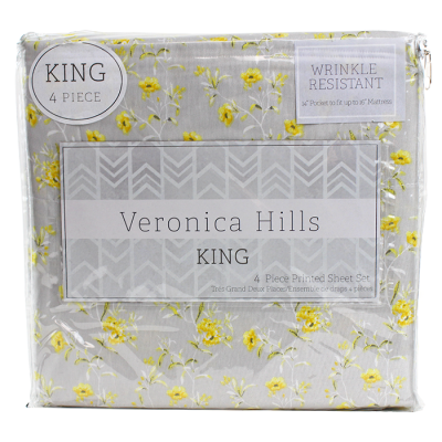 "CHD" 4-Piece King Size Grey Floral Sheet Set