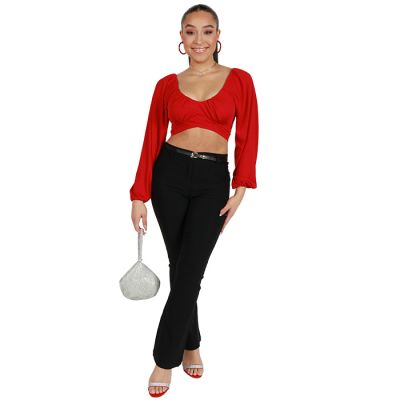 "New Mode" Long Sleeve Ribbed Cropped Tie Top