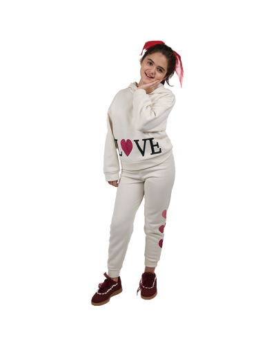 White 2 PC Jogget set with LOVE written in large font paired with Burgundy Shoes with a crochet trim on the eyestay