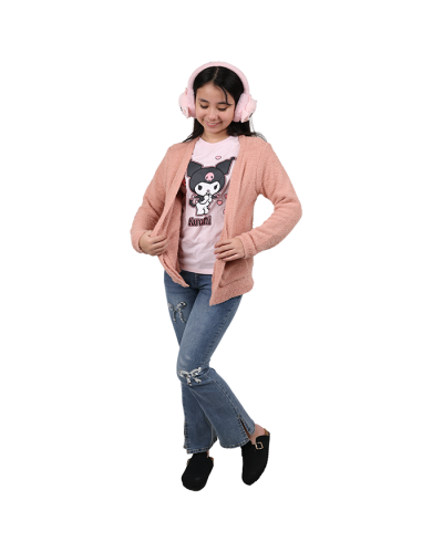 Rose colored fluffy caridigan 
pink "Kuromi" shirt 
Jeans with sequin bows 
Black clog shoes with open back and buckle