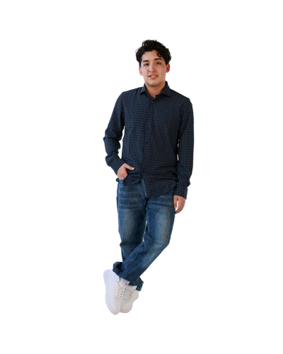 "DENIM" Woven Black and Blue Navy Geo Button up