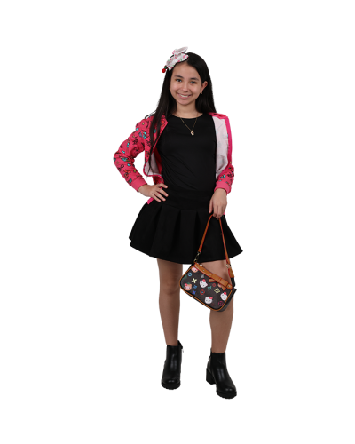 Fuchsia jacket with lollipo and cupcake pattern
Black Tee
Black Box pleat skirt
Black booties with zipper