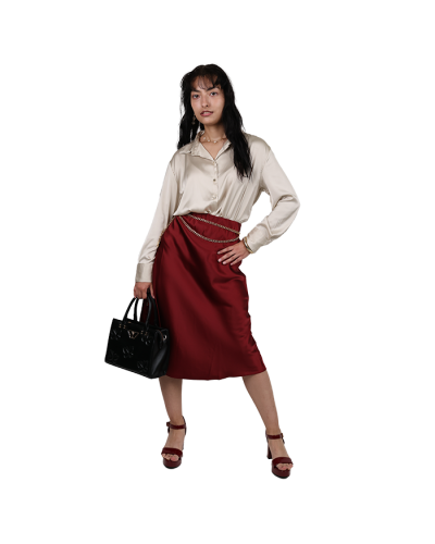 Solid Satin with Gold Buttons Blouse 
Red Satin Skirt A-Line 
Burgundy Platform Blocked Chunky Heels 
