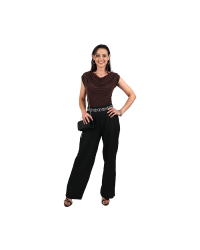 Brown glitter boatneck top
Black Textured High Rise Elastic Waist Pants
Black  4" Stiletto with Open Back 