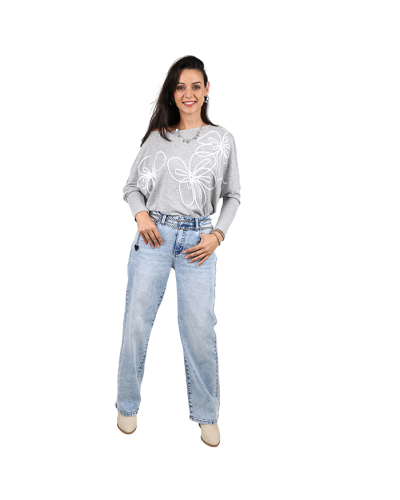 Gray off shoulder sweater
Light blue Jeans
Sand colored booties