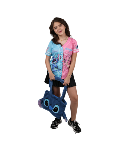 Sporty shirt split in blue and pink with characters Stitch and Angel 
Black pleated skirt 
Black and gray lace up sneakers