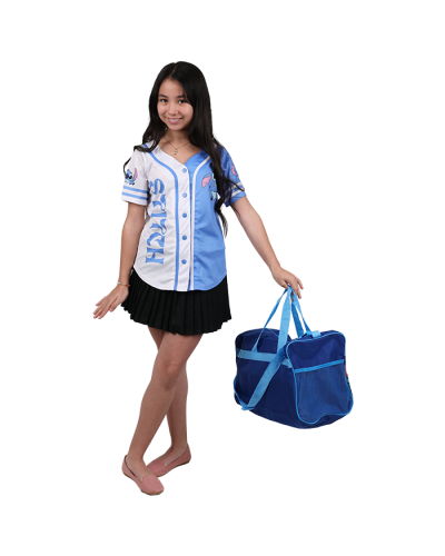 Sporty button up shirt split in blue and white with text "Stitch"
Black pleated skirt
Blush colored ballet flats