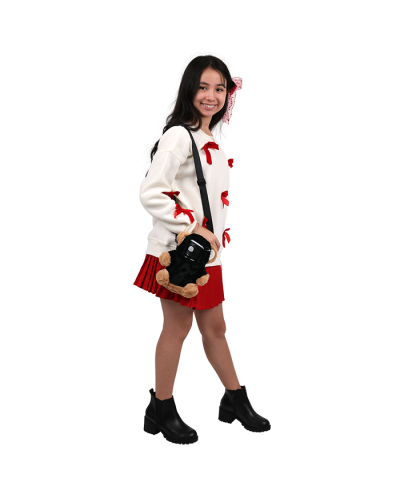 White pullover sweater decorated by 3D red bows
Red pleated skirt 
Black booties with zipper
