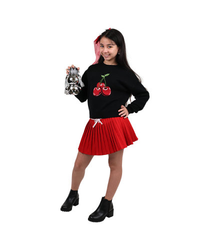 Black pullover sweater with cherry graphic 
Red pleated skirt
Black heeled booties with zipper