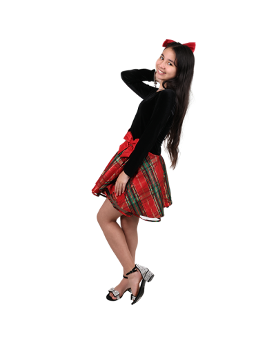 "GERSON" Black Velvet Long Sleeve Plaid Skirt Dress