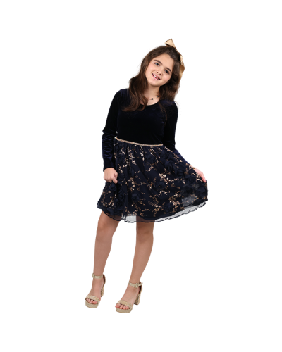 "GERSON" Black Velvet Dress with gold pattern accent