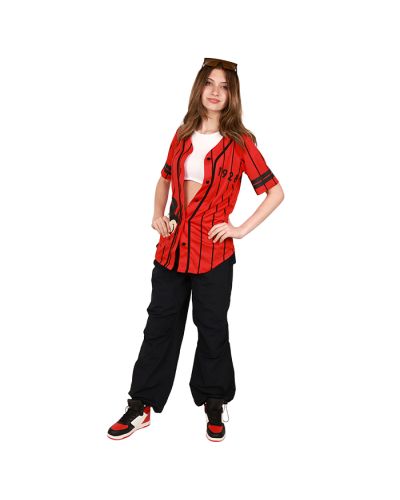 The female junior model wears the "Freeze" Short Sleeve Red & Black Mickey Mouse Baseball Tee, white "CTTN Candy" Short Sleeve Seamless Ribbed Knit High Neck Crop Top, black "Ikeddi" 11" Nylon Parachute Pants, and the "Forever" Pleather Multicolor High To