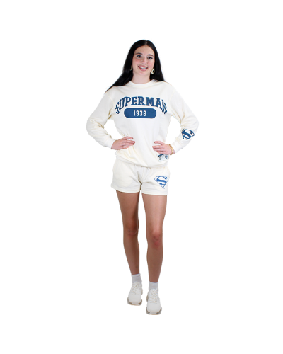 "Superman" Long Sleeve Fleece White Collegiate Logo Shirt