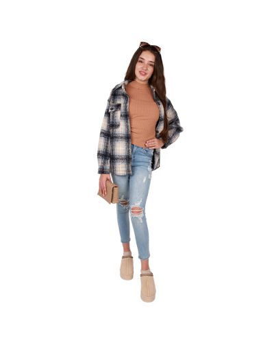The female junior model wears our "Ambiance" Buttoned Pocket Plaid Shacket, "Love Tree" Long Sleeve Crew Neck Top, "Wax" 27" Light Wash Distressed Skinny Denim Jeans and "Top" Embroidered Lined Slip-on Shoes.
