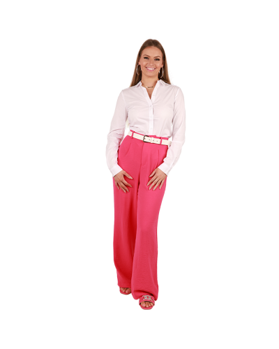 The female contemporary model wears the white "Cotton" Long Sleeve Button Down Top, fuchsia "No Comment" High Waisted Air Flow Pants, and the fuchsia "Weeboo" Rhinestone Buckle Slide Flat Sandals.