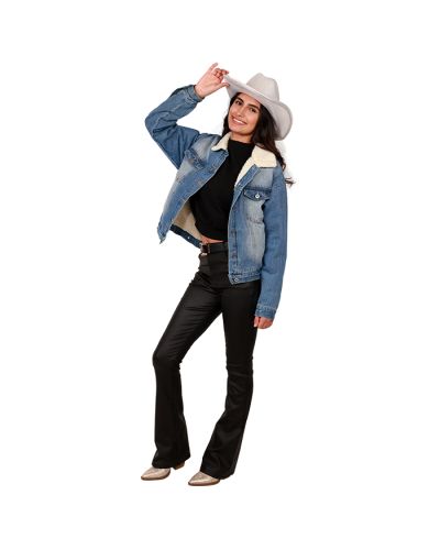 The female junior model wears the "Love Tree" Sherpa Lined Denim Jacket over the "New Mix" 19" Long Sleeve Sweatshirt, "Chocolate" Black Pleather Wide Leg Pants, and the "Forever" Rhinestone Short Western Booties.