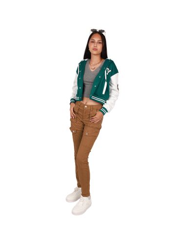 The female junior model wears our "No Comment" Green Fleece Varsity Jacket, grey "Bozzolo" Long Sleeve Crop Top, brown "Hot Kiss" 10" 1-Button Skinny Cargo Pants, and white "Forever" Pleather Solid Colored Sneakers.