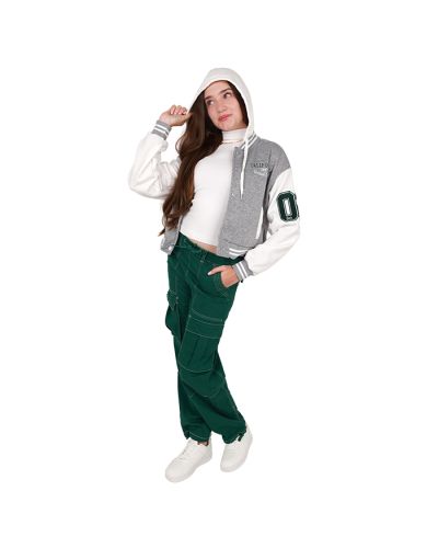 The female junior model wears our grey "No Comment" Fleece Varsity Jacket, white "CTTN" 20" Short Sleeve Mock Neck Top, green "Hot Kiss" Cargo Pants, and white "Forever" Pleather Solid Colored Sneakers.