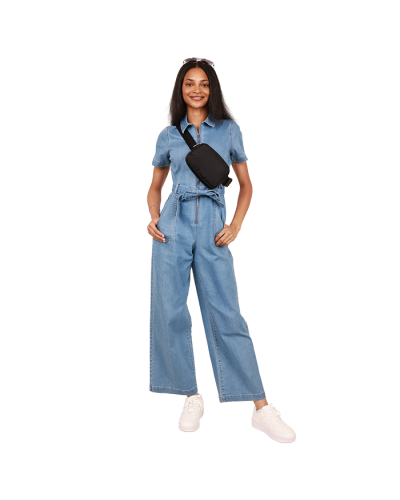 "No Comment" Short Sleeve Collared Zip-up Denim Jumpsuit