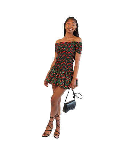The women's junior model wears the black cherry printed 