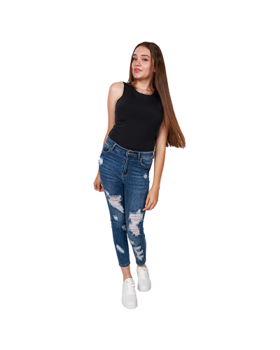The female junior model wears the black  "Ikeddi" Tank Bodysuit, "Wax" 27" Dark Wash Distressed Denim Skinny Jeans, and the white "Forever" Pleather Solid Lace-Up Sneakers.
