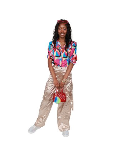 The ultimate maximalist look we could think of involves our contemporary-sized "Fashion Space" Short Sleeve Geometric Multicolored Top paired with the shiny champagne "AF" Satin Cargo Pants and the silver holographic "Forever" Pleather Solid Color Sneaker