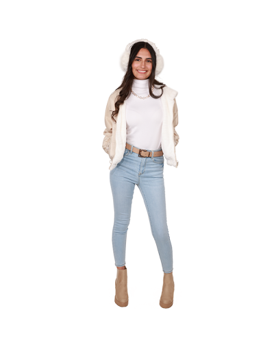 Keep cozy and be in style wearing the "Love Tree" Reversible Nylon Faux Fur Jacket layered over the "New Mix" Long Sleeve Mock-Neck Fleece Lined Ribbed Knit Top, "Wax" 27" Light Wash Skinny Denim Jeans and the "Soda" 3" Lug Suede Heeled Booties.