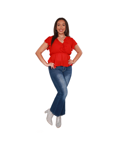 The female contemporary model wears the red "New Mode" Short Sleeve Dark Fit and Flare V-Neck Blouse, "Rebel" 32" 1-Button Dark Wash Rhinestone Bootcut Denim Jeans, and the silver "Forever" 3" Thick Heeled Rhinestone Booties.