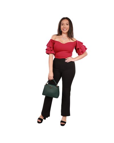 The female contemporary model wears our magenta "Top 10" 13" Short Sleeve Triple Ruffle Sweetheart Neck Blouse, black "Mango" Pull-on Tie Belt Bootcut Pants and black "Top" 3" Wide Patent Open Toe Ankle Strap Heels.