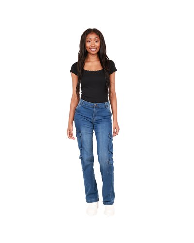 The contemporary black "Chocolate" Short Sleeve Ribbed Knit Bow Lace Trim Coquette Top, juniors "VIP" 11" High Waisted Light Wash Cargo Straight Leg Denim Jeans, and "Forever" Pleather Solid Color Sneakers are pictured here.