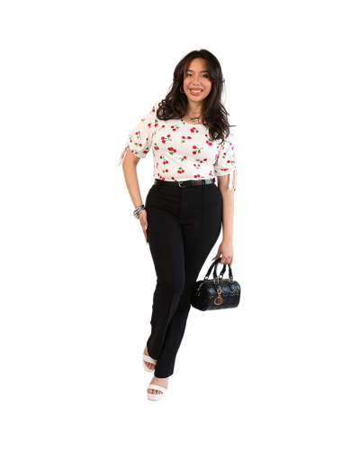 "NY Invasion" Short Sleeve Cherry Tie Round Neck Top